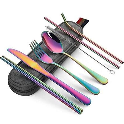 8 pezzi/set di stoviglie riutilizzabili set di posate da viaggio set di utensili da campeggio con cucchiaio in acciaio inox forchetta bacchette cannuccia custodia portatile