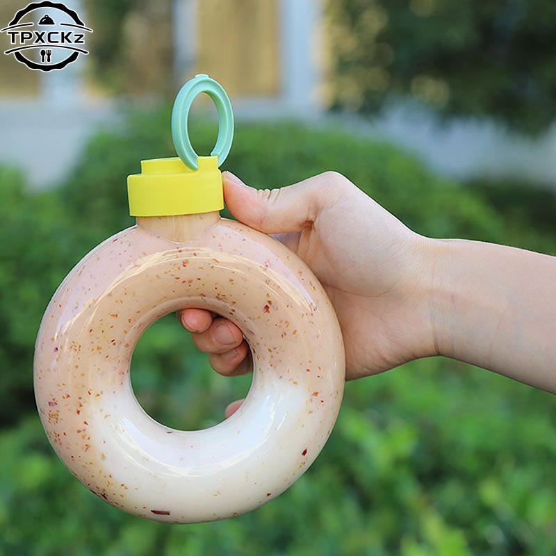 Cute Donuts Water Bottle For Kids Cartoon Silicone Portable Travel Round Cup Portable Anti Fall Plastic Cup Kids Gift 500ml
