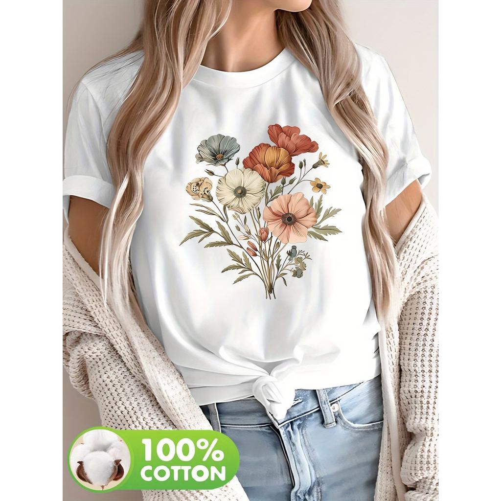 Elegant Floral Women'S Clothing 100% Pure Short-Sleeve T-Shirt