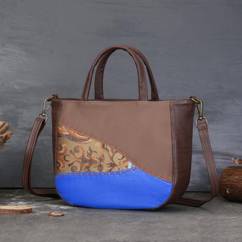 

Johnature Ethnic Style Women s Tote Bag Retro Mixed Colors Handbag Genuine Leather Large Capacity Shoulder Bags небо синє кольору