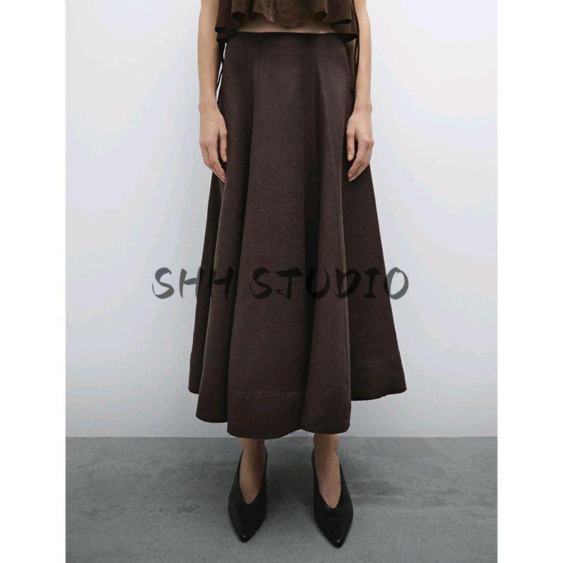 MD Spring and Summer New Arrival Women's Wave Style Retro Brown Texture Linen Blended Umbrella Skirt Skirt 5236586