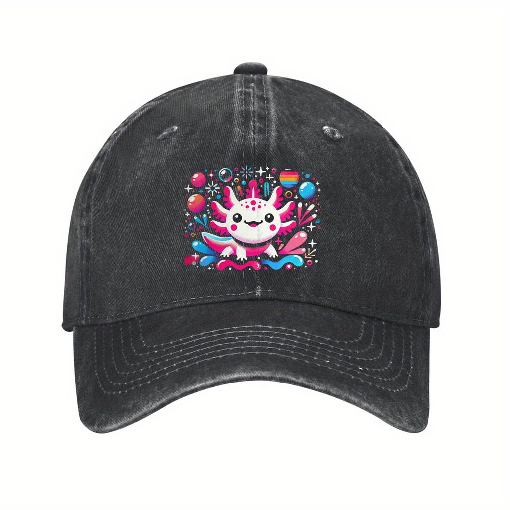 Cute Axolotl Print Baseball Cap Adjustable Cotton Washed Dad Hat Casual for Unisex