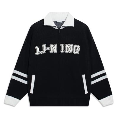 Li Ning Sports Lifestyle Series Letter Logo Zipper Collar Long Sleeve Sweater Unisex Sweater Black AMBS185-4