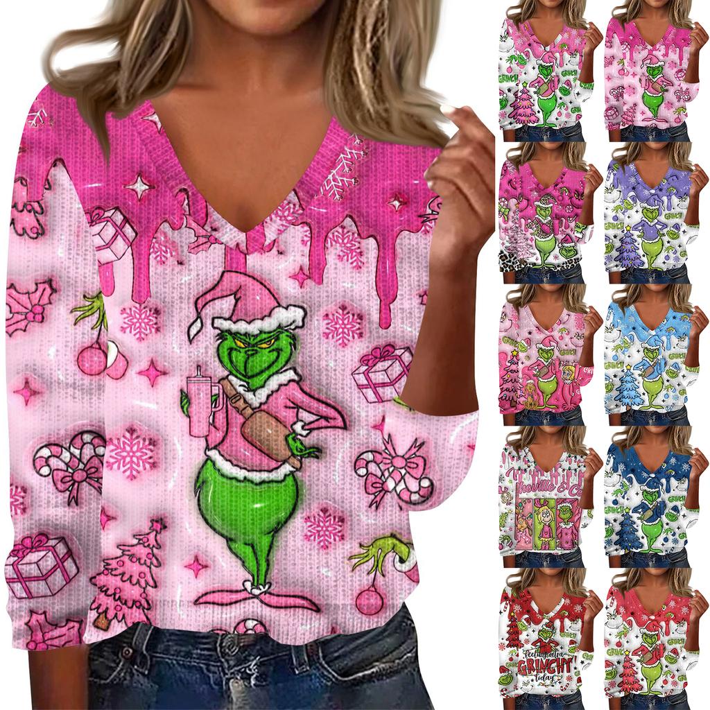 Women's Cute Sweatshirt Knitted Fashion Casual V-neck Long-sleeved  Cozy Print Top