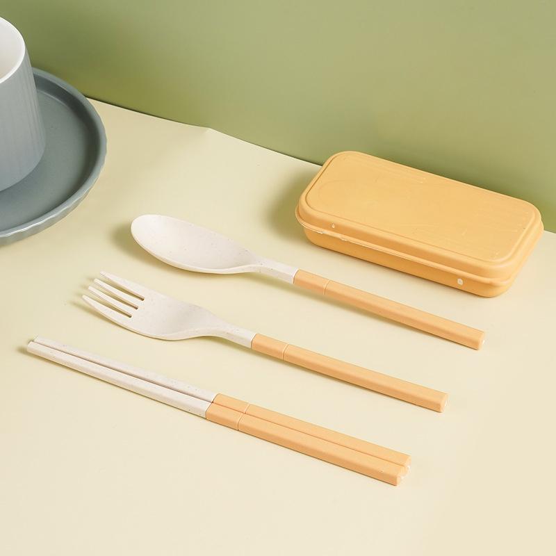 Japanese-Style Wheat Straw Cutlery Set Knife Fork Spoon Chopsticks - Three-Piece Folding Portable Cutlery