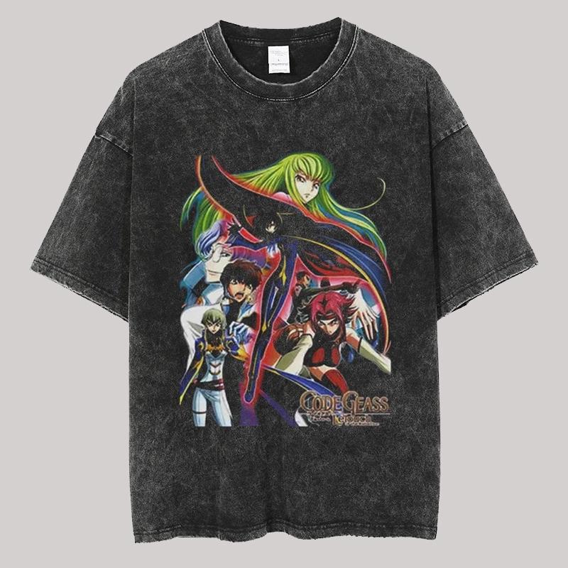 Vintage Washed Men's T Shirts Code Geass Anime Printed Clothes Casual Men's Clothing Women's T Shirt