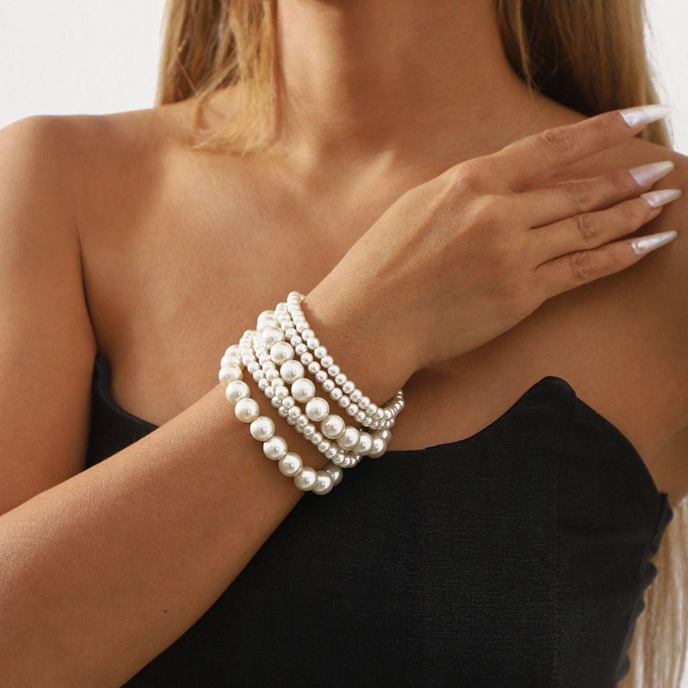 Baroque Pearls Bracelet White Wide Bangle Unique Elastic Bracelet  Girl