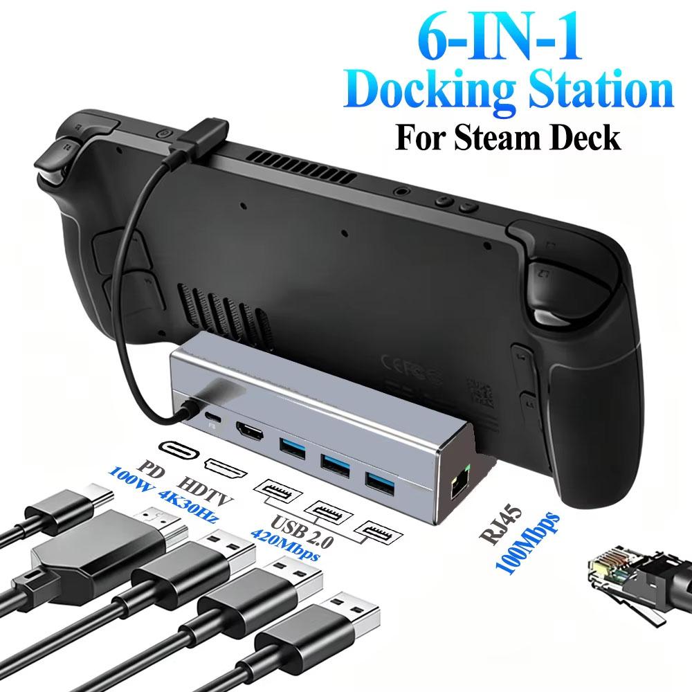6-in-1 Steam Deck Dock Deck/Rog Ally Docking Station Stand USB 3.0 HDTV 4K@60Hz Gigabit Ethernet PD 100W Hub