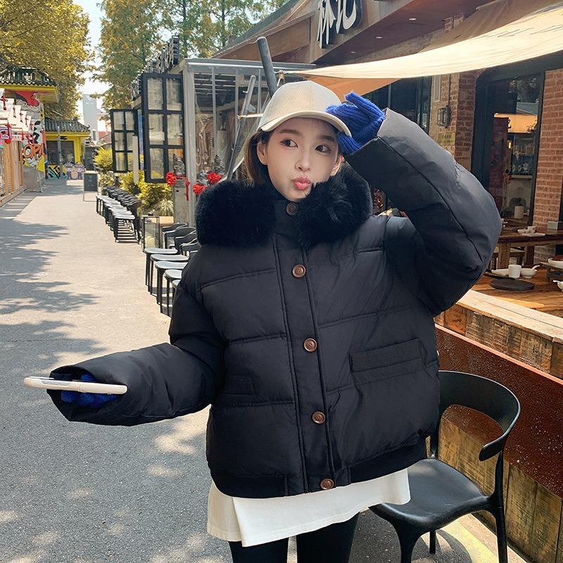 Wind Down Cotton Clothes Women's Short Models, New Fashionable High-end Cotton-padded Clothes Women's Large Fur Collar Thickened Loose Coat