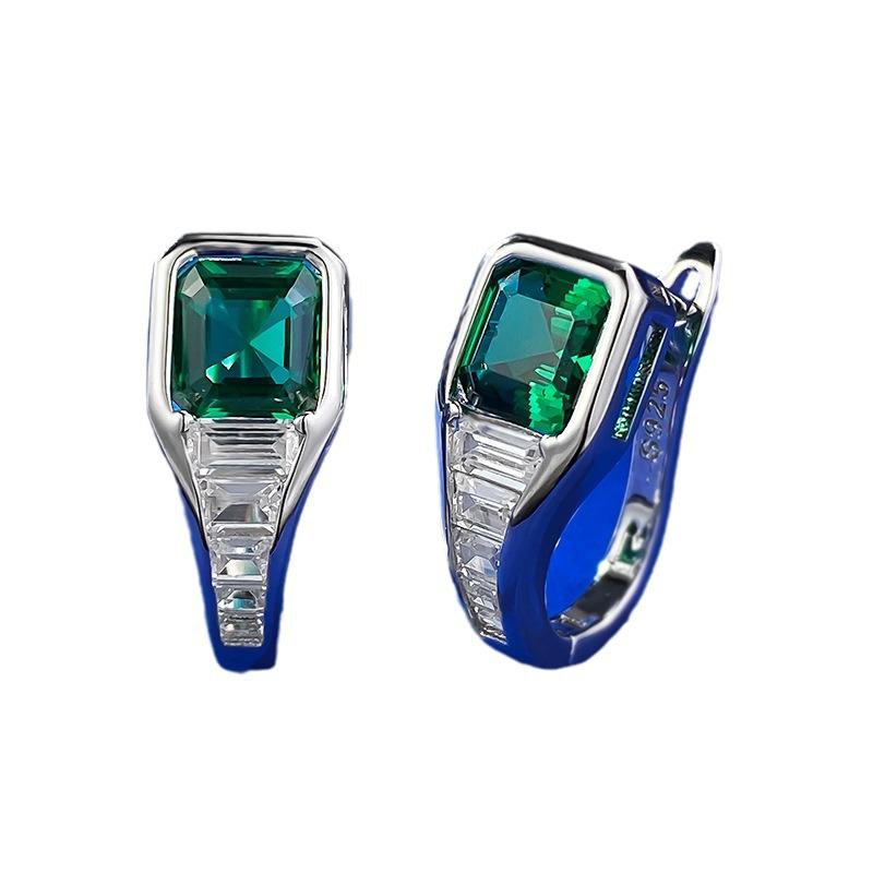 Asscher-Cut Green Zircon & White Diamond S925 Silver Stud Earrings with Ear Clip Style