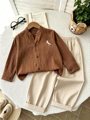 2026 Spring/Autumn Korean Style Boys' Shirt Set: Stylish Stand-up Collar Top & Casual Long Pants for Kids