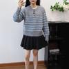 Corner buckle contrasting striped knitted sweater top autumn and winter new loose design sweater pullover woman