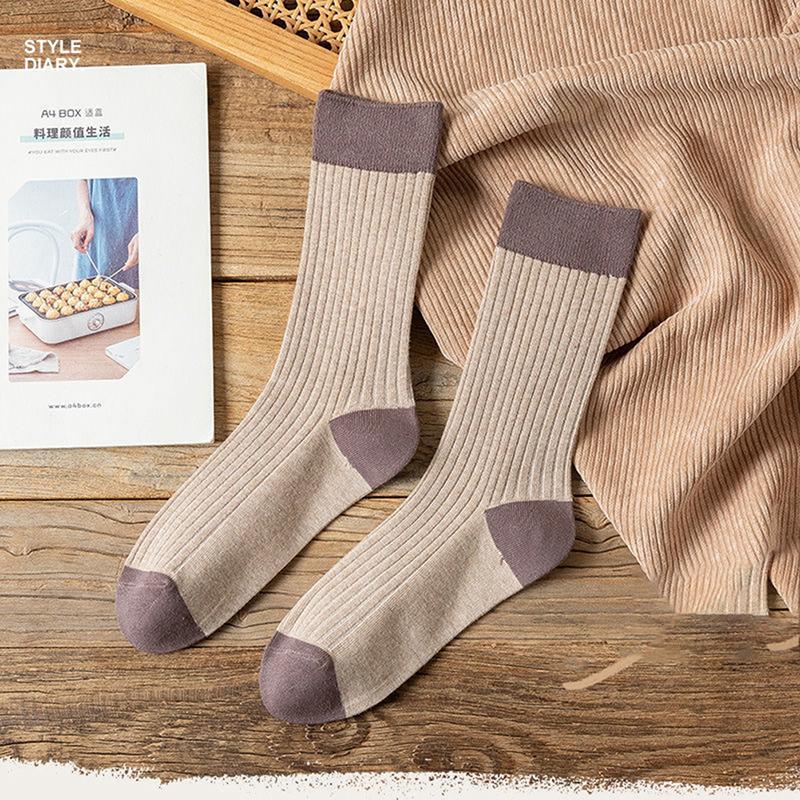 Spring And Autumn Pure Color All-Match Pile Socks Mid-Tube Socks Contrasting