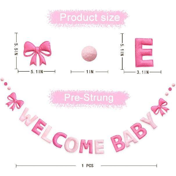 Pink Bow Baby Shower Decorations Pre-Strung Handmade Felt Welcome Baby Sign with Wool Felt Ball Banner for Welcome Home It's a Girl Coquette Baby