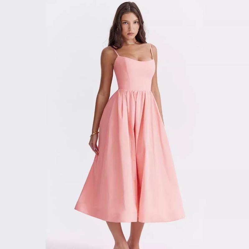 Vestido de Verão Solto com Suspensório Moda Novo Elegante Feminino Sem Mangas Decotado Linha A Vestidos de Festa Simples Cor Sólida Roupas Femininas