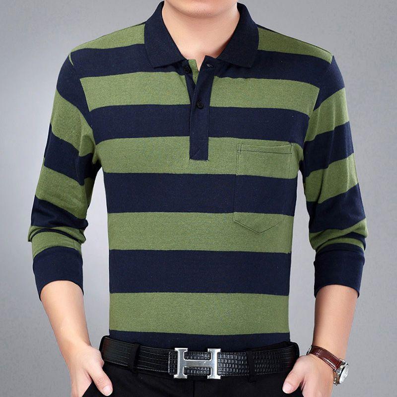 Moda Hombre Nuevo Negocios Camisas Polo Rayadas Coreano Primavera Otoño Casual Manga Larga Solapa Bolsillos Ropa Masculina Algodón Tops 2025