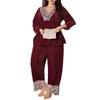 Women's Plus Size Lace V-Neck Pajama Set - Autumn/Winter Long Sleeve & Pants