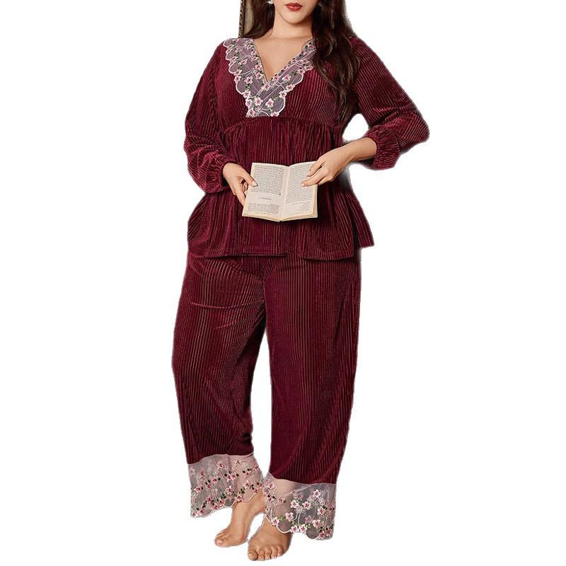 Women's Plus Size Lace V-Neck Pajama Set - Autumn/Winter Long Sleeve & Pants