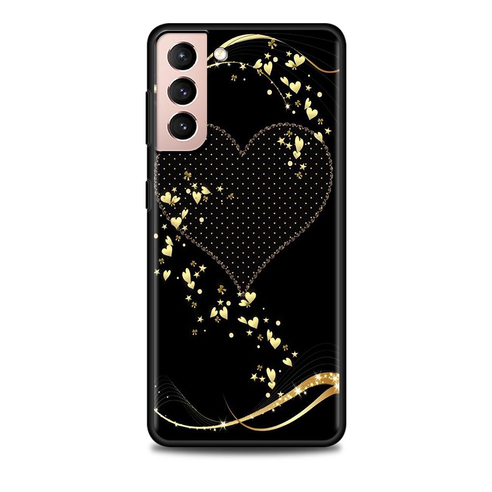 Niedliche Mädchenhafte Rosa Goldene Herzen Hülle für Samsung Galaxy S20 FE S21 S22 Ultra S10 Plus S9 S8 S10e S7 Edge Silikon Schwarz Handyhülle
