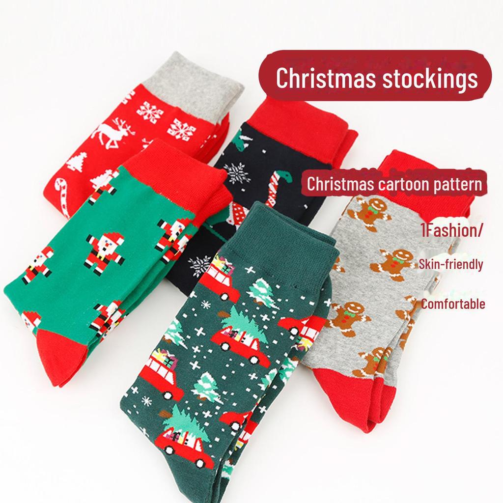 "Trendy Colorful Men's Socks: Medium/High Tube, Large Christmas Elements, Casual Cotton."