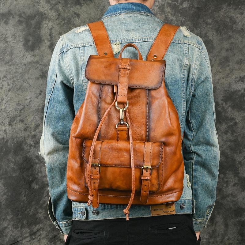 Chaozhou Vintage Handmade Leather Backpack for Casual Travel, 14-Inch Laptop Bag
