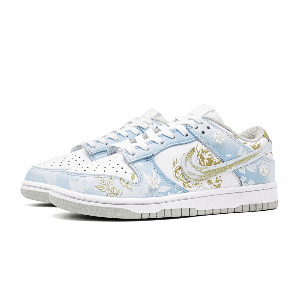 Nike Dunk Fortune Love, Footprint Innovation Leather Abrasion Resistant Low Top Skateboard Shoes Unisex White Blue Gold DD1503-103(Team726-)