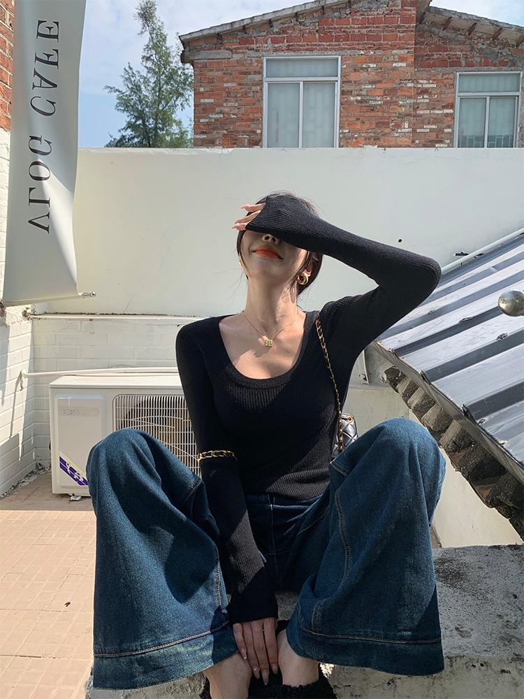 Neck Pit Strip Knitted Bottoming Shirt Women's Spring Slim-fitting Front Shoulder Inner Top Autumn and Winter Soft Waxy Sweater