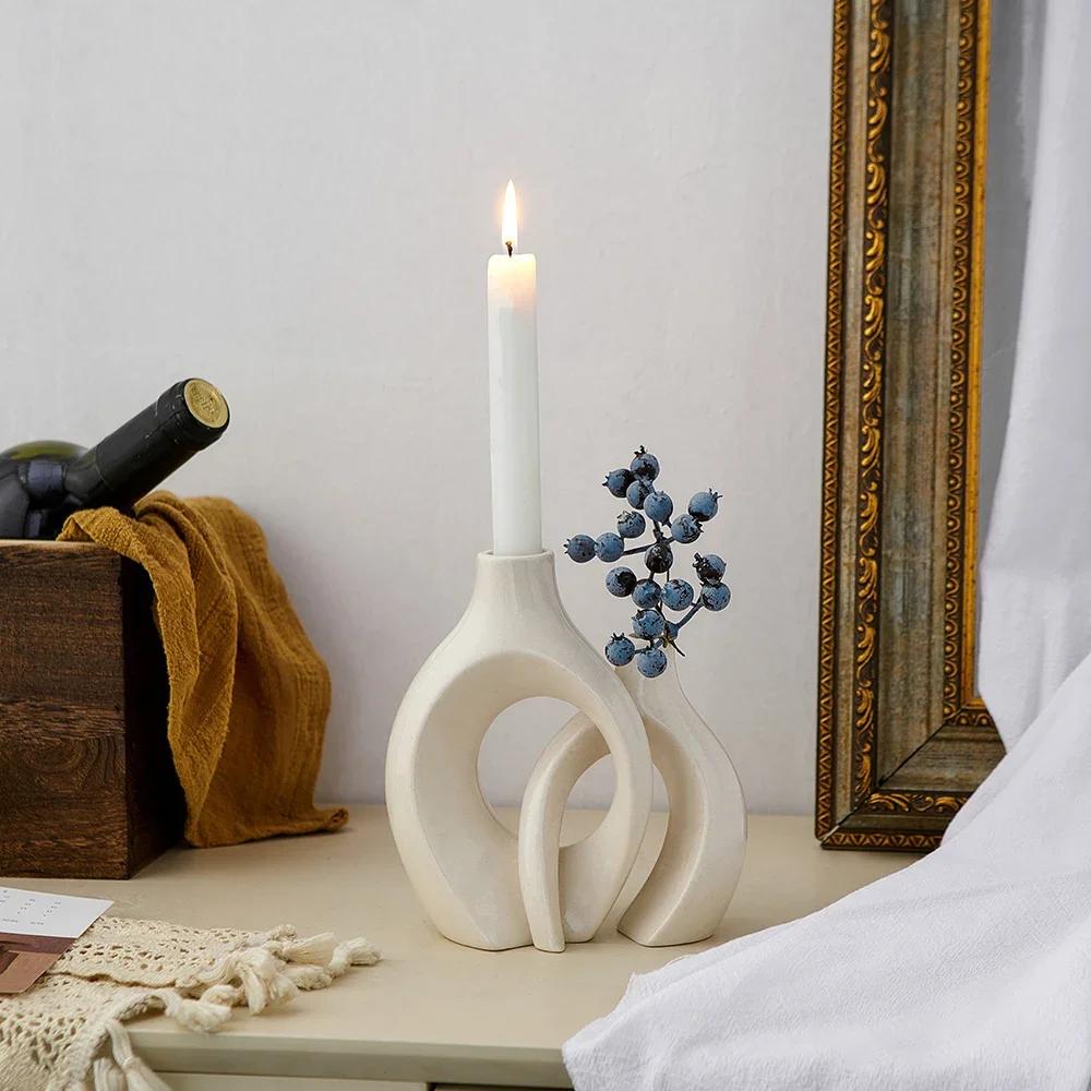 Minimalism Home Decor White Interlock Candle Holder Living Room Tabletop Ornament Ceramic Candlestick Wedding Decoration Gift