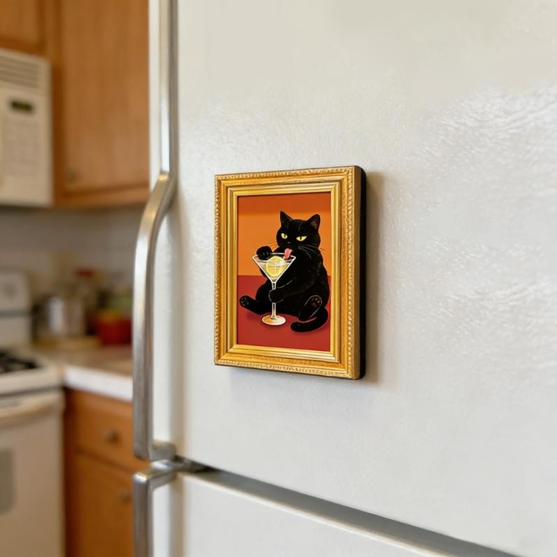 Set of 6 Cute Cats Design Art Print Wooden Frame Magnetic Sticekr for Refrigerator Decors Famous Painting Fridge Magnets