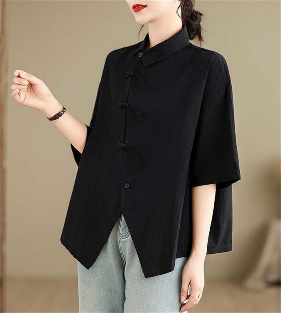Short Chinese Summer Short Chinese Shirt Chinese Body Summer [Moufokyou] Women's Shirt, Sleeve, Button, Top, Sleeve, Style, Blouse, Commuting, Casual,