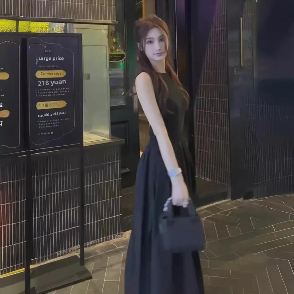 Rochie de vară neagră pentru femei 2024, fără spate, linie A, cu talie subțire