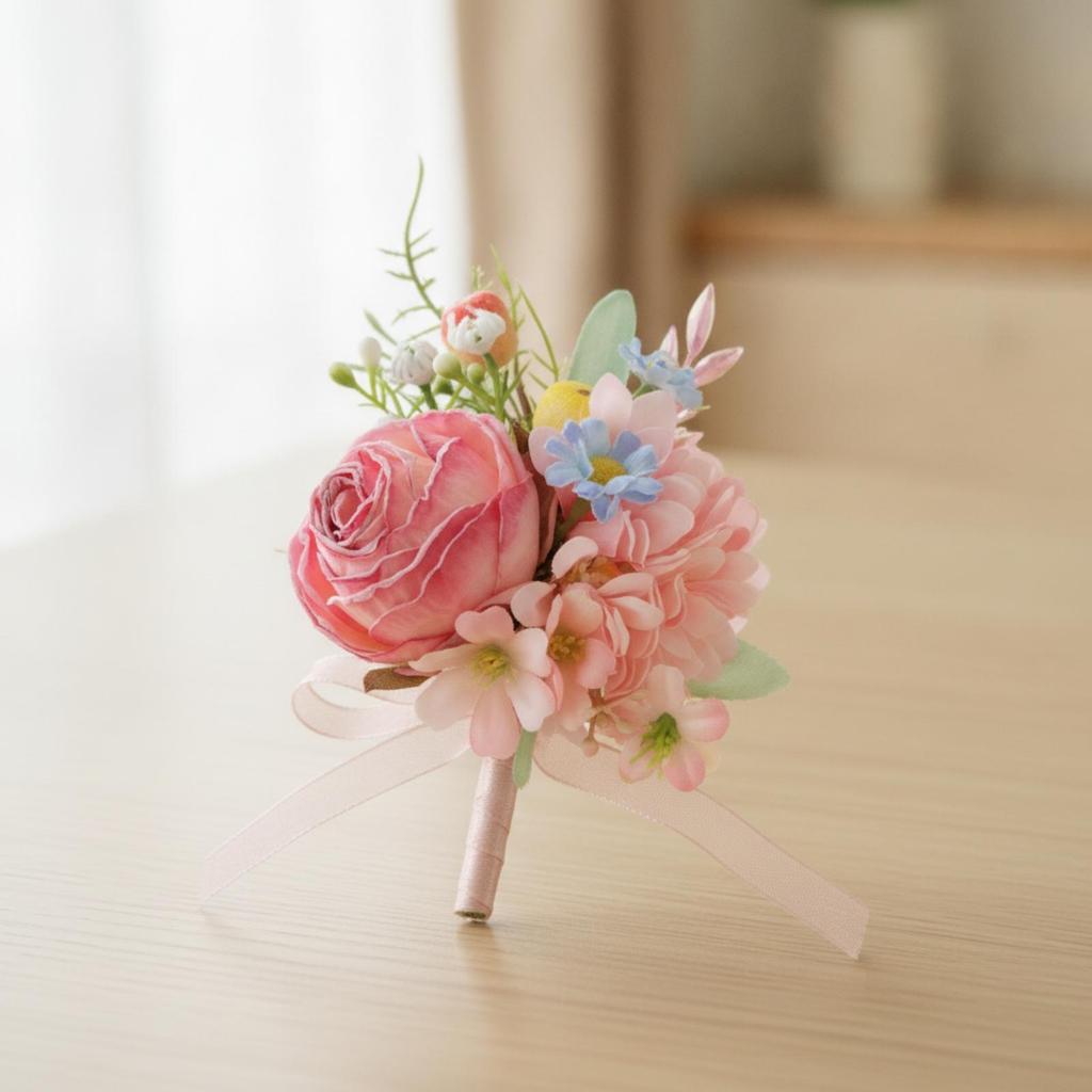 Faux Flower Corsage with Ribbon Pastel Artificial Rose Boutonniere Compact