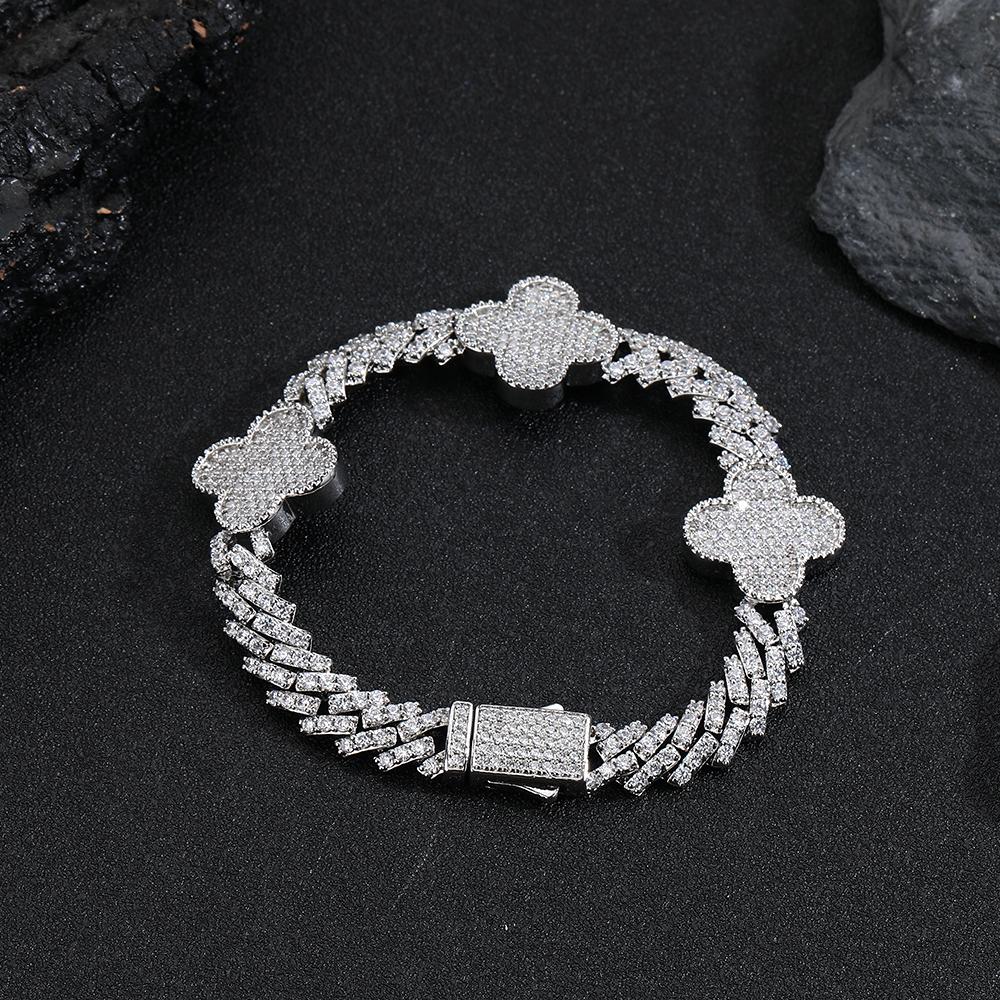 NUOYA Four Leaf Clover Cuban Link Chain Bracelet for Women Single Row Diamond Gold Silver Plating Prong Cuban Link Bracelet Bracelet 7 inch(17.78cm) серебряный