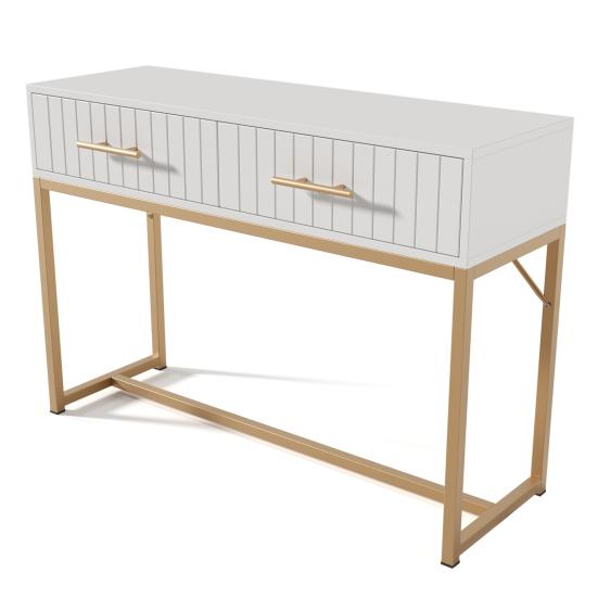 Makeup Desk Dressing Table with 2 Drawers Golden Handle Decorative Ribs Metal Frame Modern White Easy Assembly Bedroom Side Narrow Console Vanity