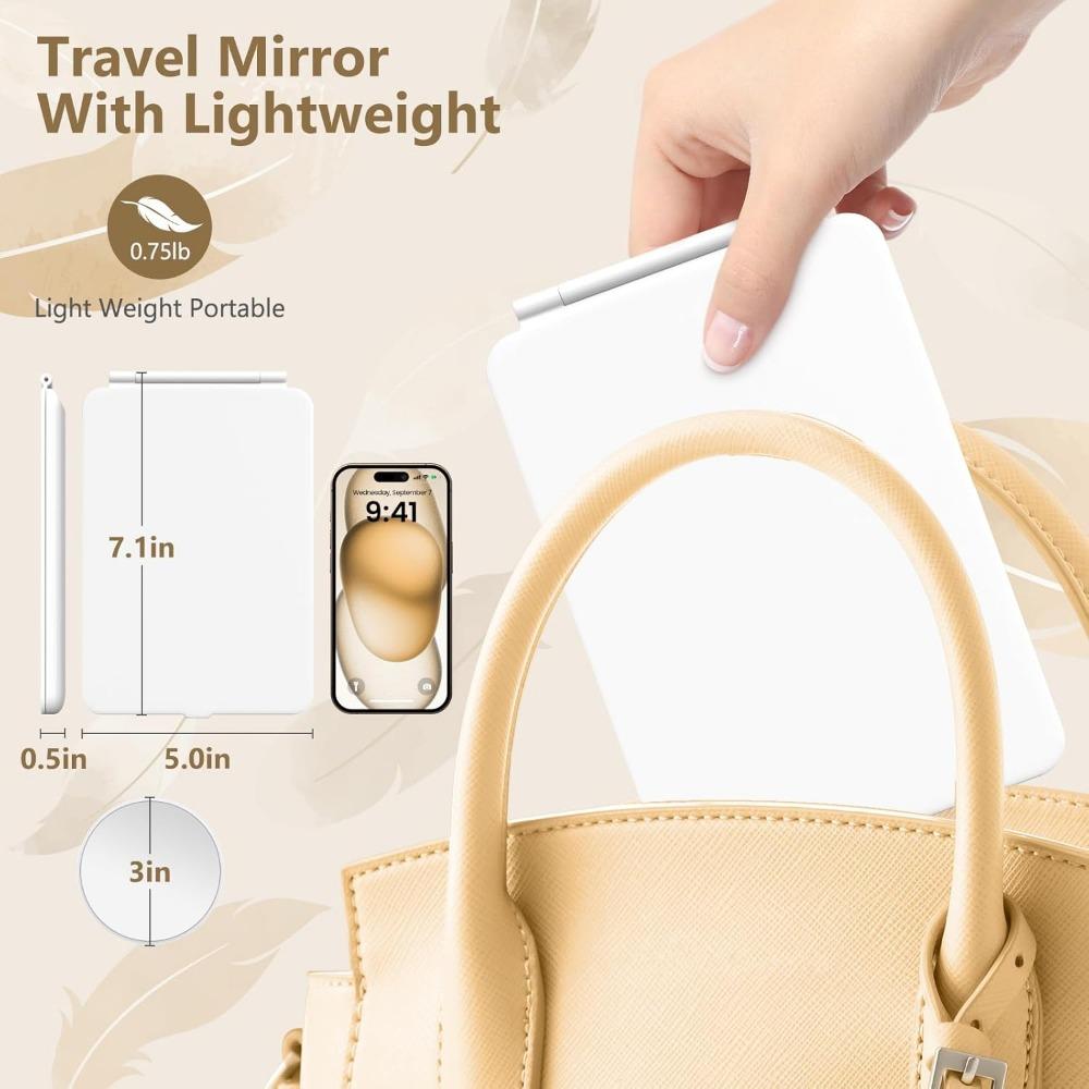 Rechargeable Makeup Mirror with 3 Color Lights for Travel, Vanity Cosmetic Mirror with LED Portable Compact Handheld with 10X