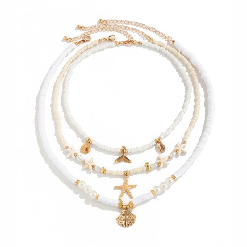 Pack of 3pcs Ocean Inspired Shell Bead Necklaces Layered Neckchain Adjustable with Unique Accents for Women And Girls
