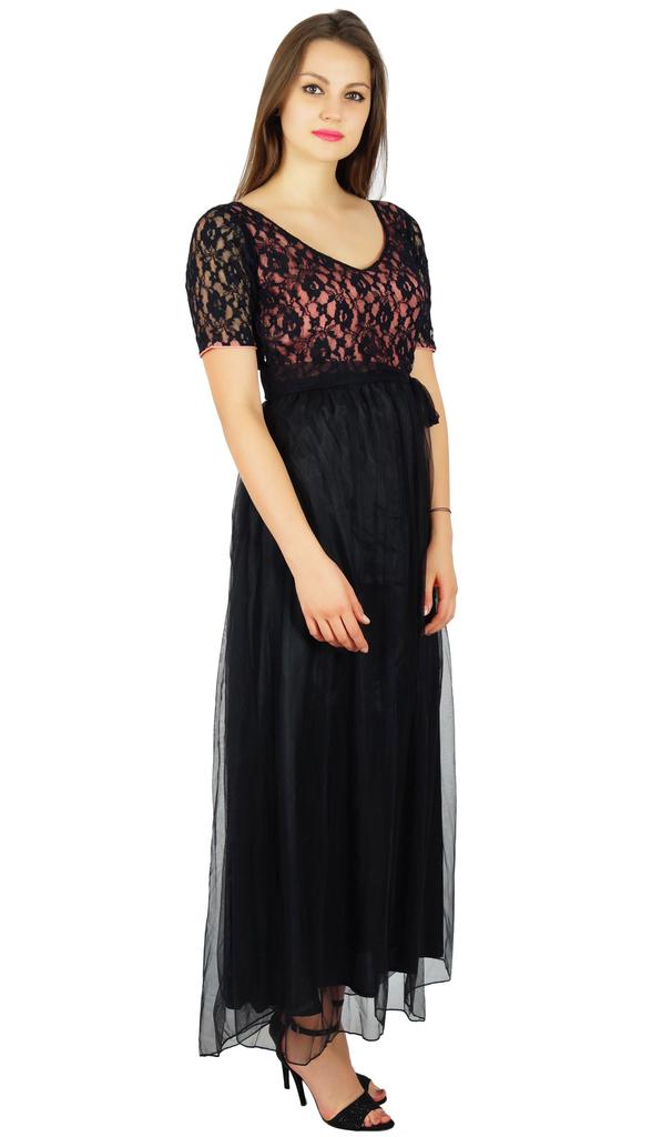 Bimba Womens Full Length Maxi Dress Black Net Prom Party Lace Gown