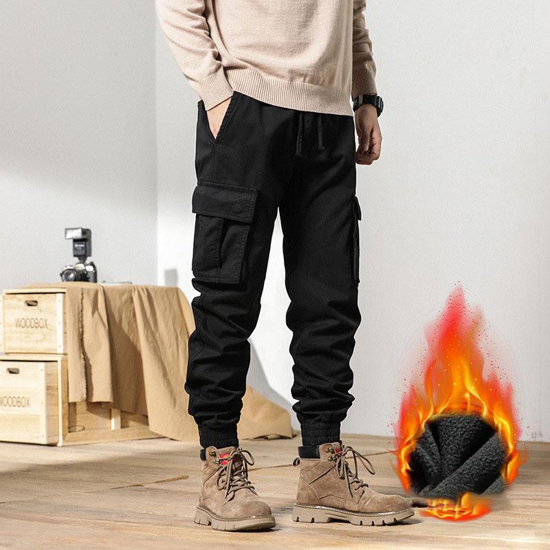 Multi-Pockets Winter Cargo Pants Men Fleece Liner Thick Warm Slim Fit Joggers Streetwear Casual Cotton Thermal Trousers