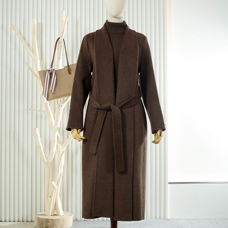 

Lace-up wool double-sided woolen coat autumn and winter new long top loose temperament wool coat S кавовий