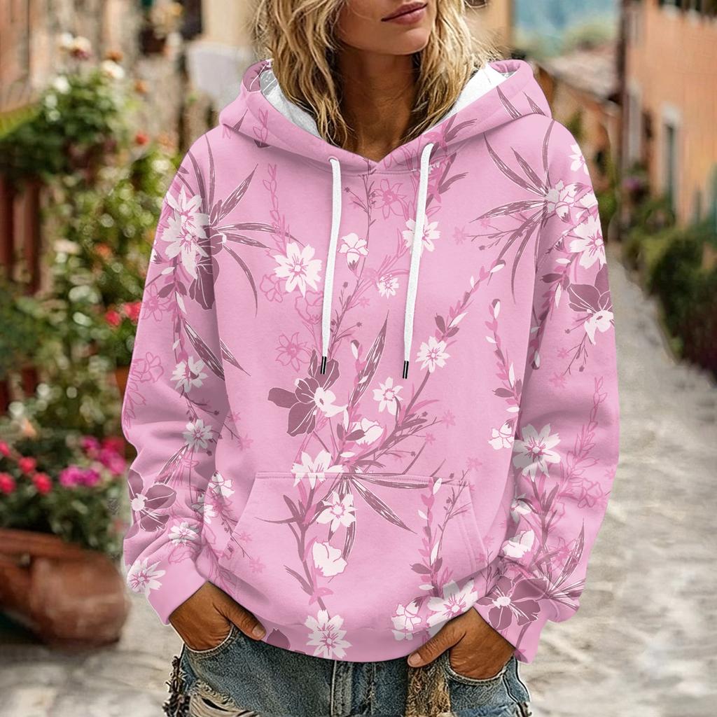 Felpa da donna con cappuccio, manica lunga, stampa floreale, con e tasche, per abbigliamento casual