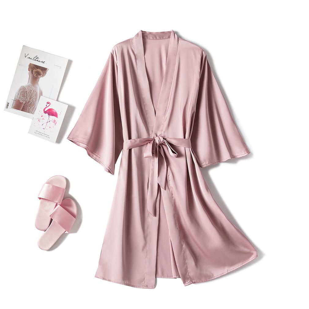 Elastic satin pajamas women's nightgown morning gown single bathrobe medium and long robe black sexy imitation silk