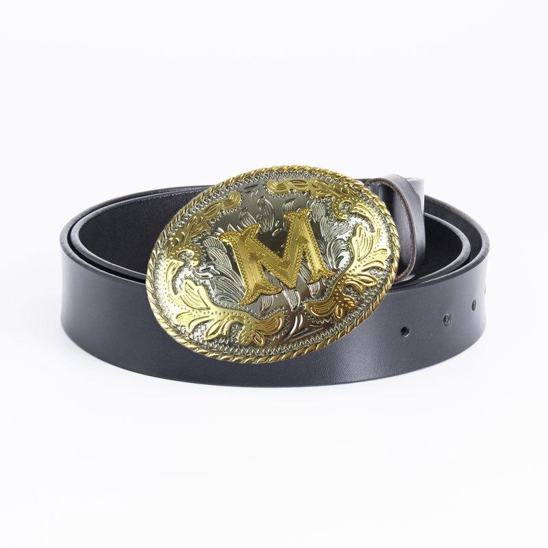 Whole Cowhide Retro Men's Belt Letter M Gold and Silver Two-color Oval Buckle Belt