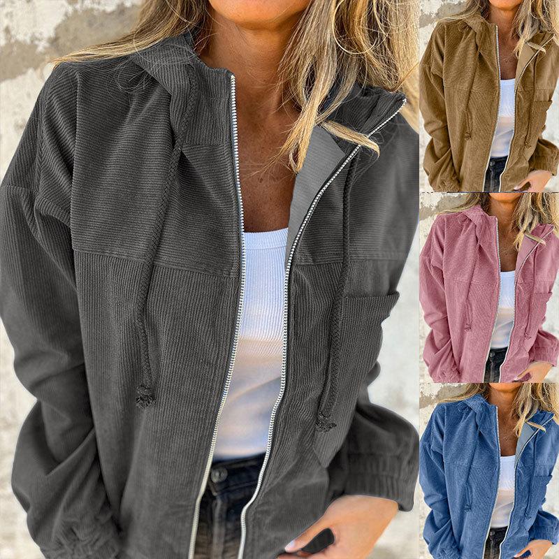 Women's Corduroy Hooded Jacket with Zip Front In Dark Grey, Khaki, Pink, and Blue