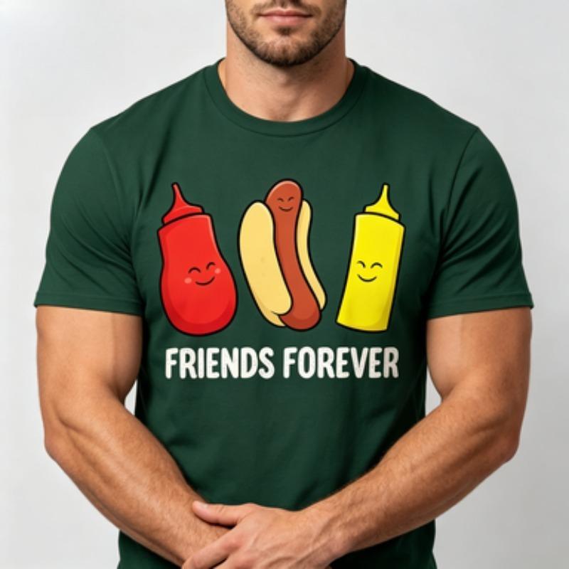 Unisex 100 Cotton O Neck T Shirt Cute Cartoon Hot Dog Ketchup Mustard Bottles Friends Forever Text Fast Food Tee Tops