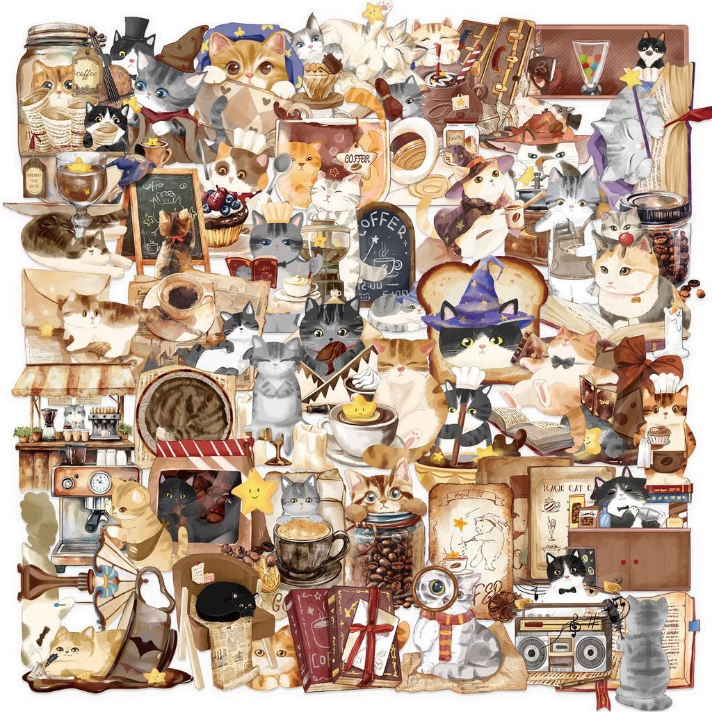 50 Transparent Cartoon Magic Cat Cafe Sticker Pack Waterproof Transparent PET Manual Material Decorative Guitar Notebook