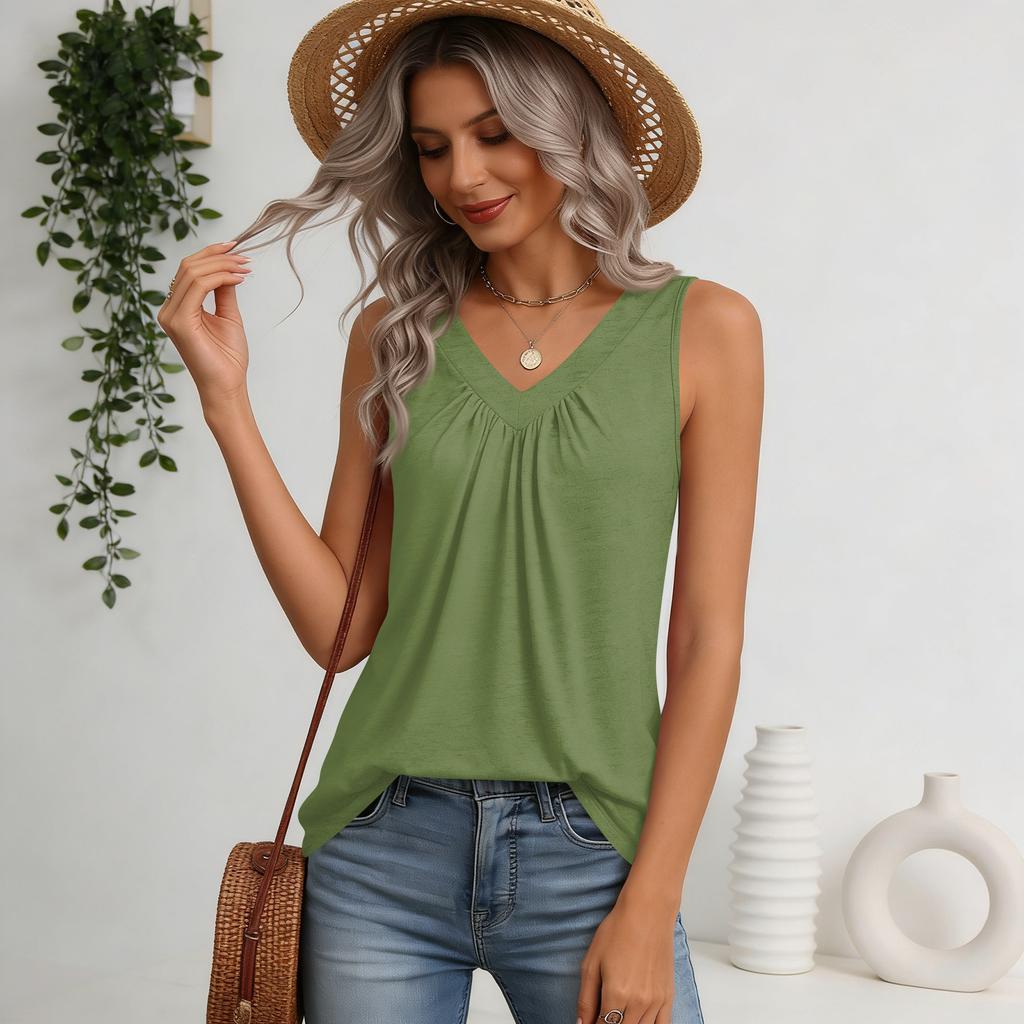 Damskie Top bez rękawów Luźne Top z dekoltem V Plisowane Koszulki Podstawowe T-shirty