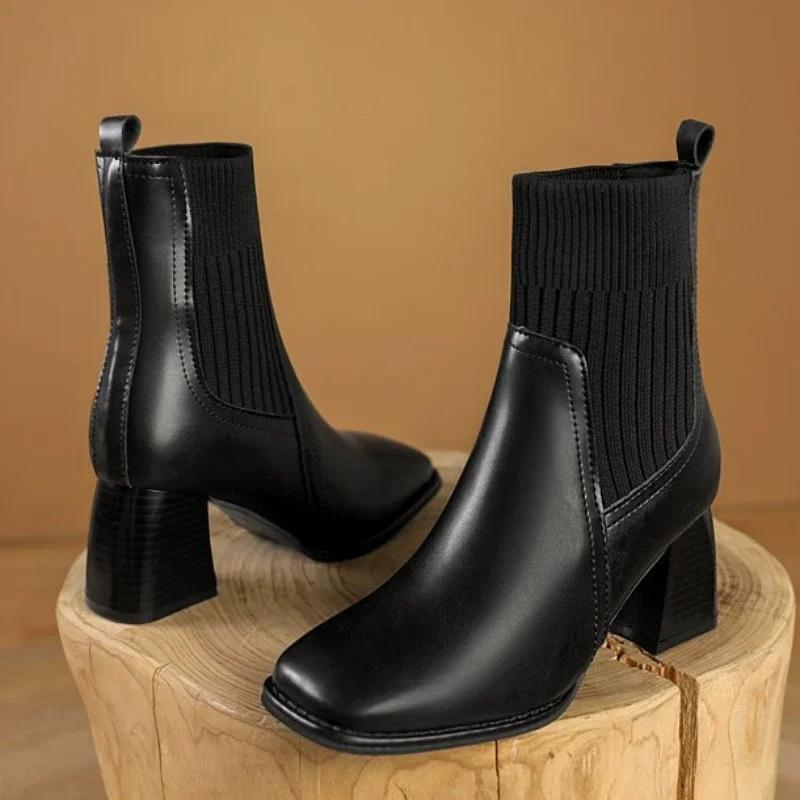 Fashion Women's Heeled Shoes Knitwear Womens Ankle Boots Comfortable Warm Women Shoes Thick Heels Office Pumps New Zapatos Mujer