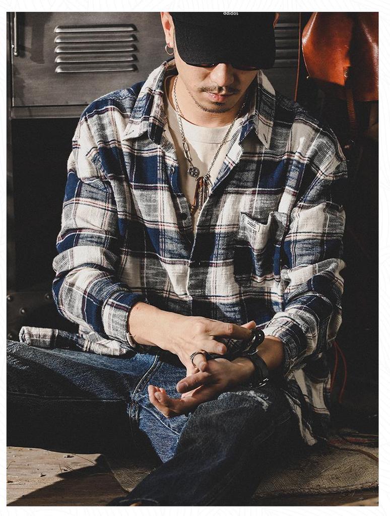 Men's Retro Loose-Fit Plaid Shirt: Heavy, Long Sleeve, Trendy Japanese Style Autumn Jacket