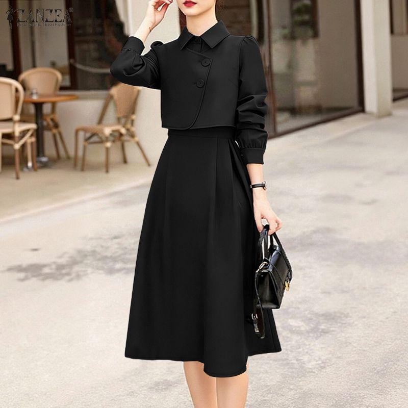 ZANZEA Damska elegancka sukienka na co dzień z kołnierzykiem i długim rękawem