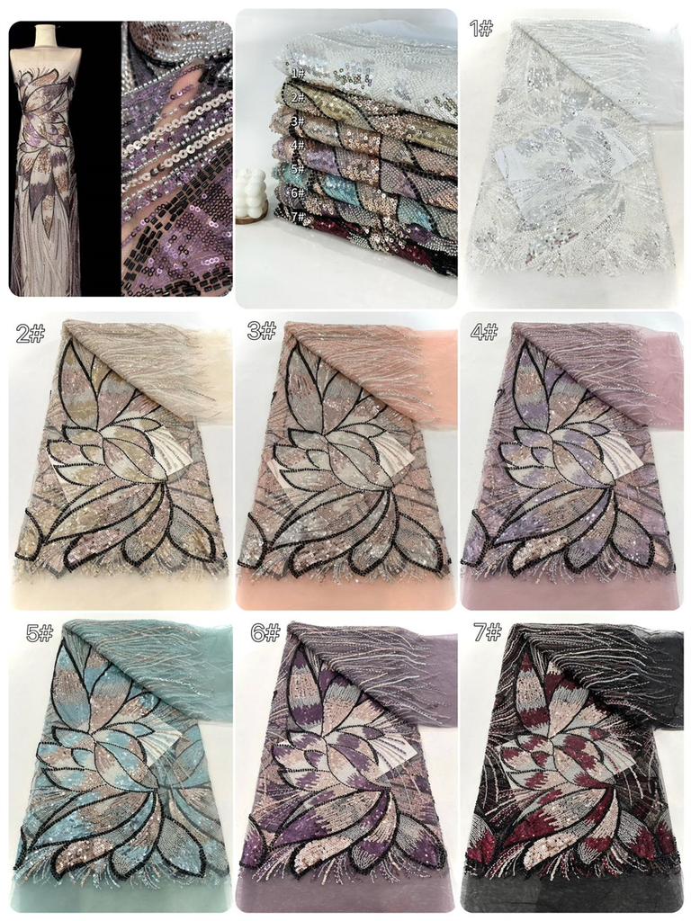 Latest African Beaded Lace Net Fabric 3 Yards 2025 High Quality Nigerian Wedding Material Luxury Sequins Beads Fabric for Sewing
